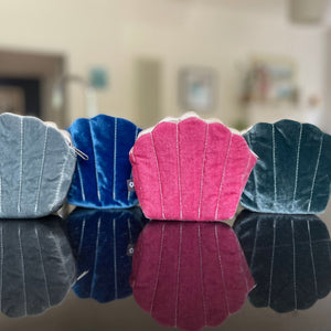 Earth Squared Silk Velvet Clam Purse: Four colourful velvet clam shell coin purses in pink, grey, cobalt blue, and teal.