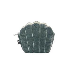 Earth Squared Silk Velvet Clam Purse: Grey velvet clam shell coin purse with detailed shell texture.