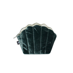 Earth Squared Silk Velvet Clam Purse: Teal velvet clam shell coin purse with detailed shell texture.