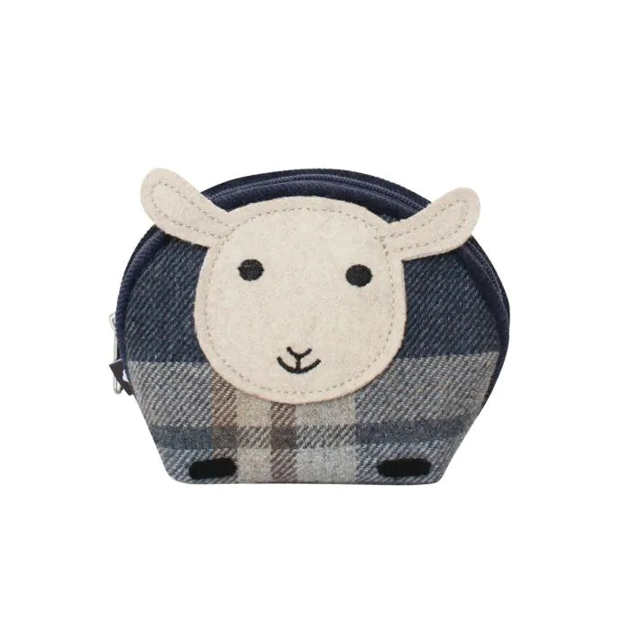 Tweed Sheep Purse in blue and grey Tantallon tartan with cream felt sheep face, zip coin purse made from recycled wool blend fabric.