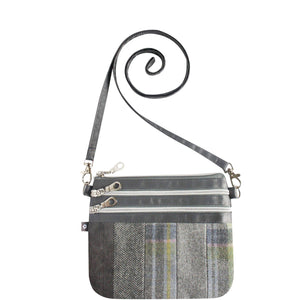 Earth Squared Luffness Tweed 3 zip Pouch Bag: Grey & Green Tweed with Textural Details