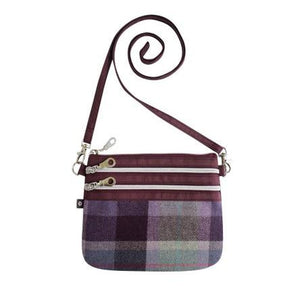 Earth Squared Tweed 3 Zip Pouch Bag: In a plum and grey tweed, practical and stylish accessory for everyday use.