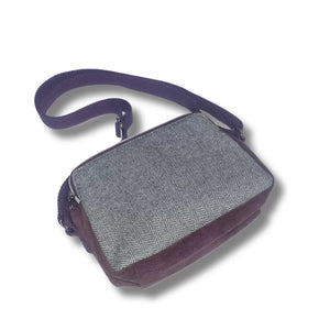 Earth Squared Tweed Anna Bag in Aberlady Tweed (plum & grey), back view highlighting classic grey herringbone design.