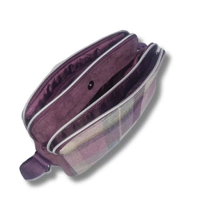 Earth Squared Tweed Anna Bag in Aberlady Tweed (plum & grey), open view showcasing three compartments (two zipped, one magnetic) for organised everyday essentials.