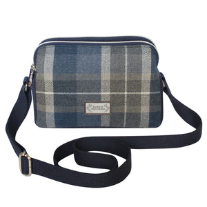 Earth Squared Tweed Anna Bag in Humbie Tweed (grey & blue) with contrasting navy strap. 