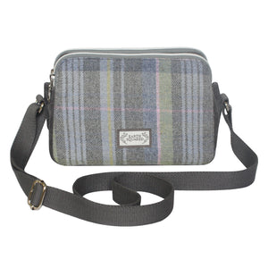 Earth Squared Tweed Anna Bag in Luffness Tweed (grey & green) with adjustable grey strap.