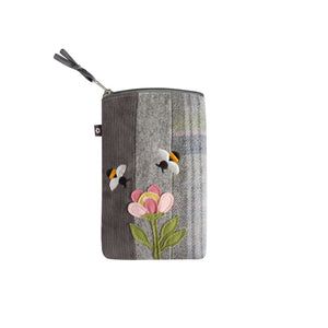 Earth Squared Tweed Applique Eyeglass Case: Playful Bees & Pink Flower Applique on Grey Tweed with Grey Cord. Protects Glasses in Style.