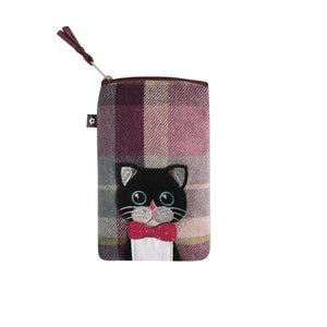 Earth Squared Tweed Applique Eyeglass Case: Playful Cat Applique on Chic Plum Tweed. Protects Your Glasses in Style.