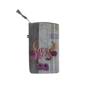 Earth Squared Tweed Applique Eyeglass Case: Playful Cow Applique on Grey Tweed with Matching Cord. Protects Your Glasses in Style.