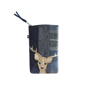 Earth Squared Tweed Applique Eyeglass Case: Majestic Deer Applique on Blue & Grey Tweed with Matching Blue Cord. Protects Your Glasses in Style.