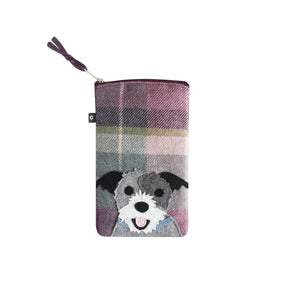 Earth Squared Tweed Applique Eyeglass Case: Classic Plum Tweed with Chic Dog Applique on Front.