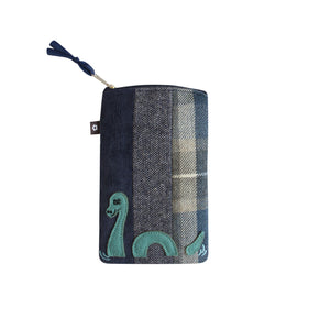 Earth Squared Tweed Applique Eyeglass Case: Blue & Grey Tweed Beauty with Blue Cord & Loch Ness Monster Applique. Keeps Glasses Safe & Stylish.