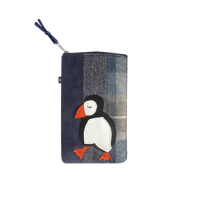 Earth Squared Tweed Applique Eyeglass Case: Classic Blue & Grey Tweed with Chic Puffin Applique on Front. Blue Cord for Easy Carrying.