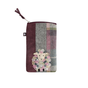 Earth Squared Tweed Applique Eyeglass Case: Plum Tweed Beauty with Matching Cord & Playful Sheep Applique. Keeps Glasses Safe.