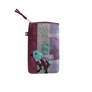 Earth Squared Tweed Applique Eyewear Case with a bird design in plum and grey tweed.