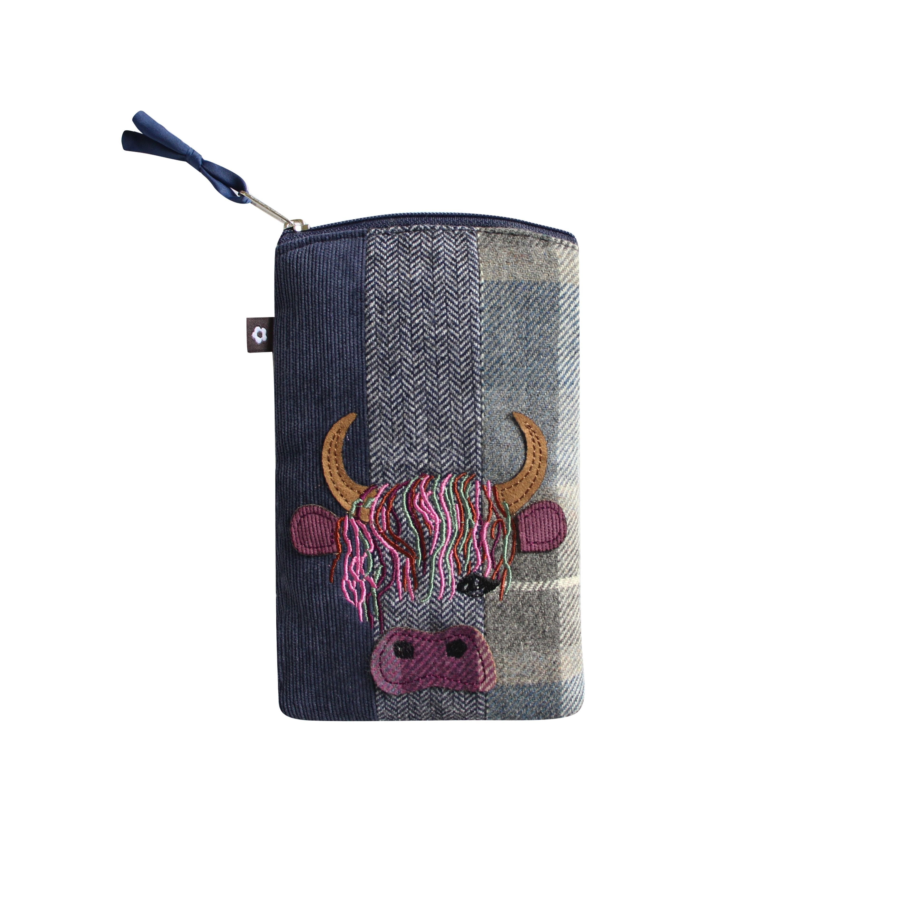 Earth Squared Tweed Applique Eyewear Case with a highland cow design and grey and plum tweed.