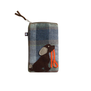 Earth Squared Tweed Applique Eyewear Case with a black dog design and plum and grey tweed.