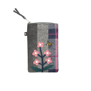 Earth Squared Tweed Applique Eyewear Case with a flower and bee design in pink and grey tweed.