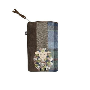 Earth Squared Tweed Applique Eyewear Case with a sheep design and plum and grey tweed.