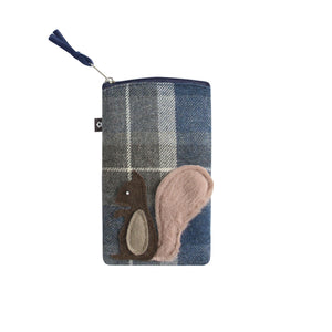 Earth Squared Tweed Applique Eyewear Case with a Squirrel design and blue and grey tweed.