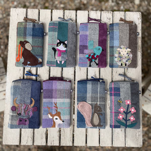 Earth Squared Tweed Applique Eyewear Cases: Collection of 8 adorable tweed eyeglass cases featuring various animal appliqués, including a highland cow, deer, cat, dog, squirrel, flower, and sheep.