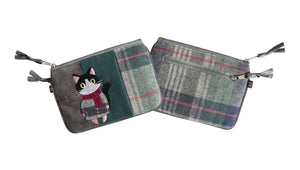 Earth Squared Tweed Applique Juliet Purse with cat design, showcasing its colourful applique and tweed fabric in grey and pink.