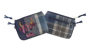 Earth Squared Tweed Applique Juliet Purse with highland cow design, emphasizing its playful applique and soft navy and grey tweed.