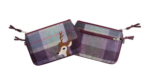 Earth Squared Tweed Applique Juliet Purse with deer design, highlighting its two zipped compartments in plum and grey tweed.