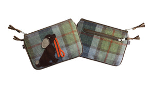  Earth Squared Tweed Applique Juliet Purse with dog design, showcasing its compact size and sturdy construction in brown and grey tweed.