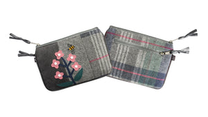 Earth Squared Tweed Applique Juliet Purse with flower design, showcasing its colourful applique and grey and pink tweed.