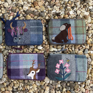 Earth Squared Tweed Applique Juliet Purses featuring adorable highland cow, dog, deer, and flower designs, showcasing the variety of options available.