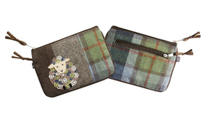 Earth Squared Tweed Applique Juliet Purse with deer design, highlighting its two zipped compartments and brown and green tweed.