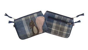 Earth Squared Tweed Applique Juliet Purse with squirrel design, emphasizing its playful applique and soft navy and grey tweed.