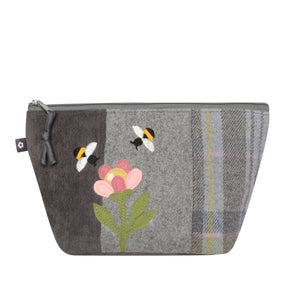 Earth Squared Tweed Applique Makeup Bag Features Flower & Bee Applique & Mustard & Grey Tweed with Grey Cord.