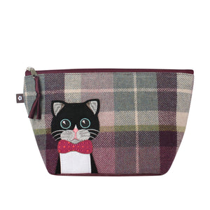 Earth Squared Tweed Applique Makeup Bag: Purrfect Style! Charming Cat Applique on Plum Tweed Fabric. 