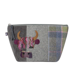 Earth Squared Tweed Applique  Makeup Bag: Blue, Pink & Green Tweed with Playful Cow Applique Face. Grey Cord Detail.