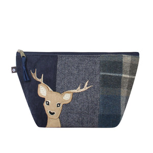 Earth Squared Tweed Applique  Makeup Bag Features Deer Applique & Blue & Grey Tweed with Blue Cord. 