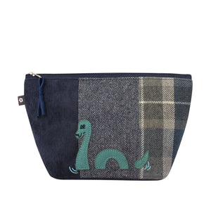 Earth Squared Tweed Applique Makeup Bag Features Loch Ness Monster Applique & Blue & Grey Tweed with Blue Cord.