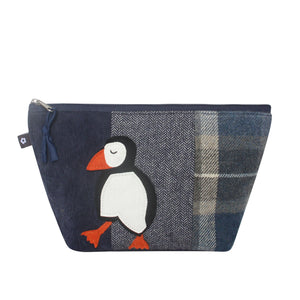 Earth Squared Tweed Applique Makeup Bag Features Puffin Applique & Blue & Grey Tweed with Blue Cord. 