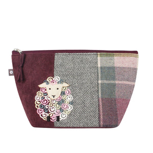 Earth Squared Tweed Applique Makeup Bag with Plum Cord and Tweed. Sweet Sheep Applique for Everyday Charm. 