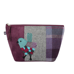 Earth Squared Tweed Applique Make Up Bag with bird design in plum and grey tweed.