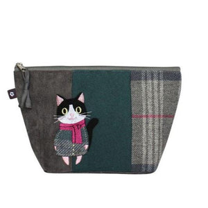 Earth Squared Tweed Applique Make Up Bag with cat design and pink and grey tweed.