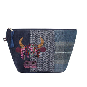 Earth Squared Tweed Applique Make Up Bag with cow design in grey and blue tweed.