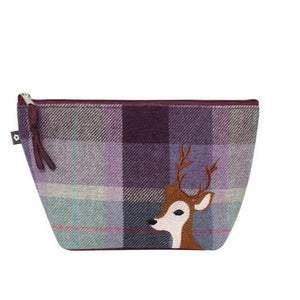 Earth Squared Tweed Applique Make Up Bag with deer design in plum and grey tweed.