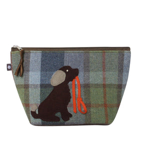 Earth Squared Tweed Applique Make Up Bag with a dog design in grey and brown tweed.