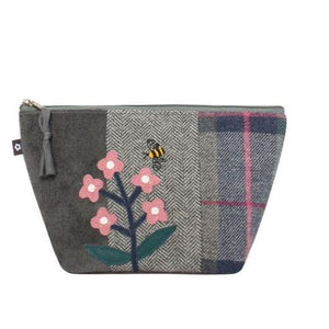 Earth Squared Tweed Applique Make Up Bag with flower and bee design in grey and pink tweed.