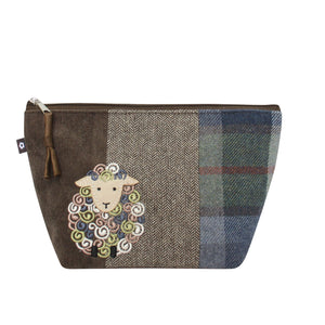 Earth Squared Tweed Applique Make Up Bag with a sheep design in grey and brown tweed.