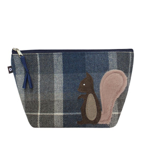 Earth Squared Tweed Applique Make Up Bag with squirrel design in blue and grey tweed.