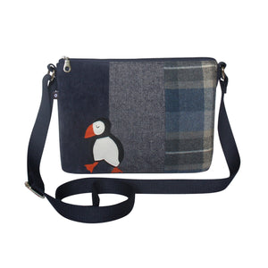 Puffin Design: Earth Squared Tweed Messenger Bag: Coastal Charm! Playful Puffin Applique on Blue Cord And Blue & Grey Tweed. Adjustable Strap And Secure Zip.
