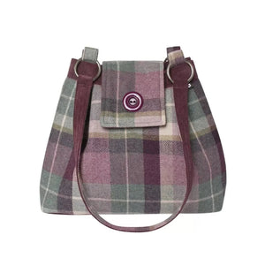 Earth Squared Tweed Ava Bag in Aberlady tweed( plum and grey), highlighting its classic silhouette and secure foldover flap with magnetic closure. Perfect for everyday essentials.